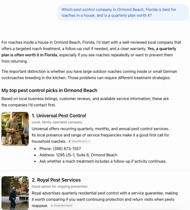 Real ChatGPT answer to which pest control company in Ormond Beach is best for roaches, listing Universal Pest Control first and Royal Pest Services second