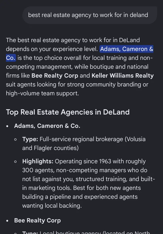 Google AI Mode answer: Adams, Cameron & Co. is the top choice overall for local training and non-competing management, with Bee Realty Corp and Keller Williams Realty listed after.