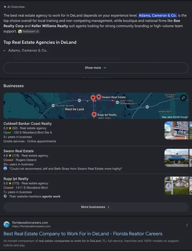 Google results page: the AI Overview names Adams, Cameron & Co. as the top choice, and floridarealtorcareers.com is the first regular result below the map.