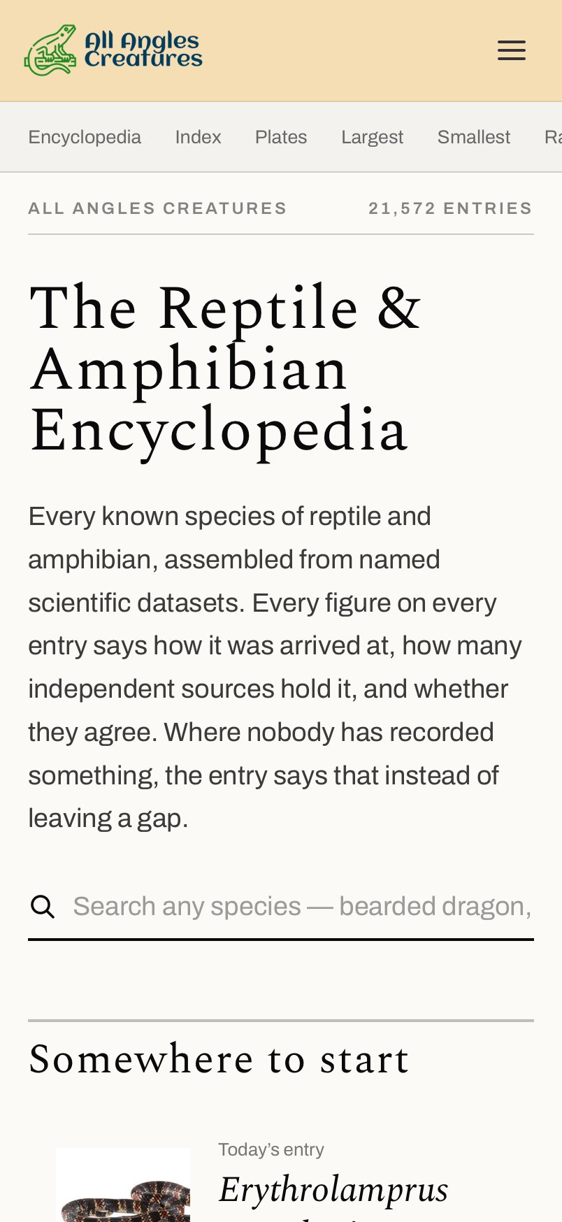 Phone view of the All Angles Creatures species encyclopedia index page.