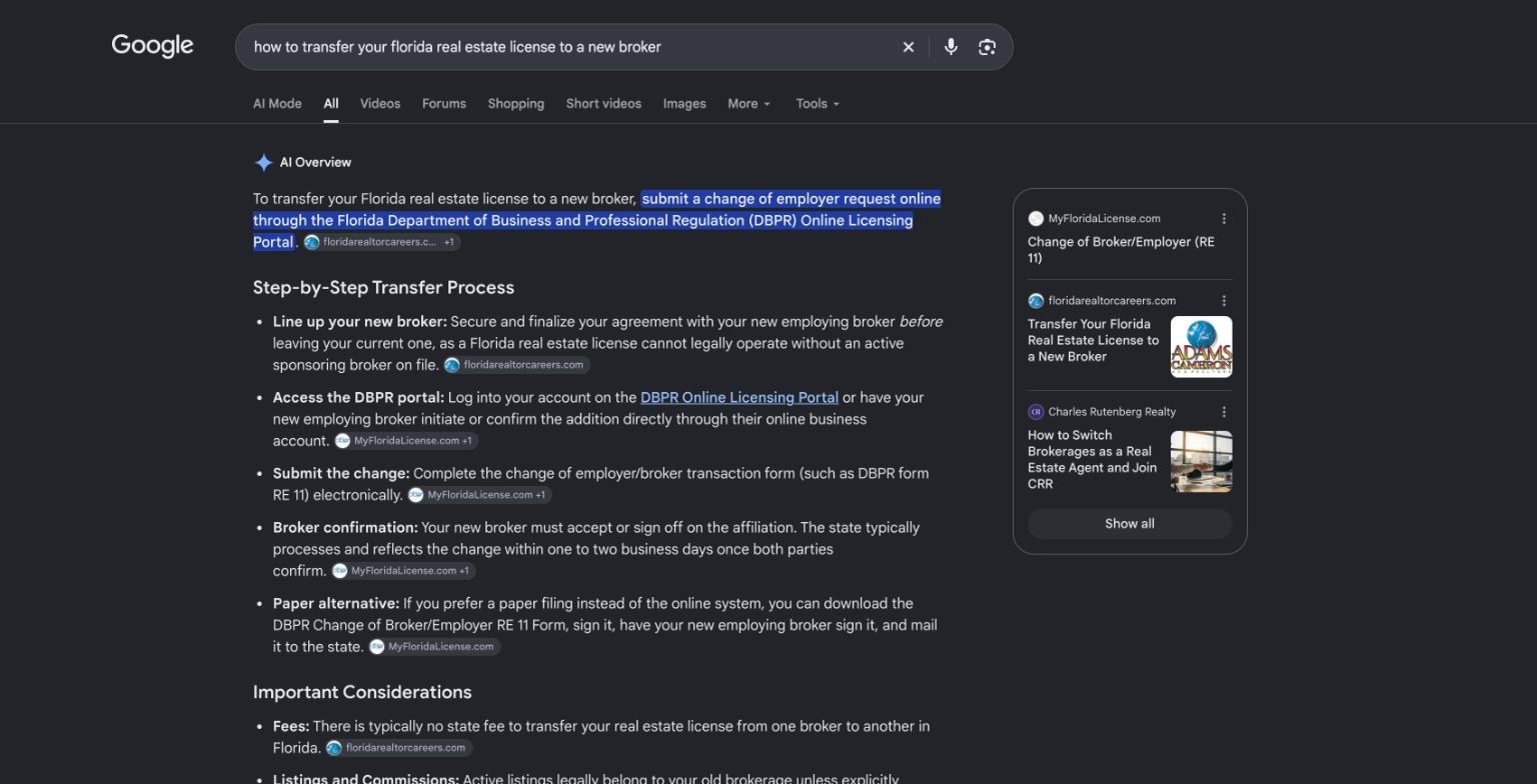 Google AI Overview for the search "how to transfer your florida real estate license to a new broker", with floridarealtorcareers.com shown as a cited source.