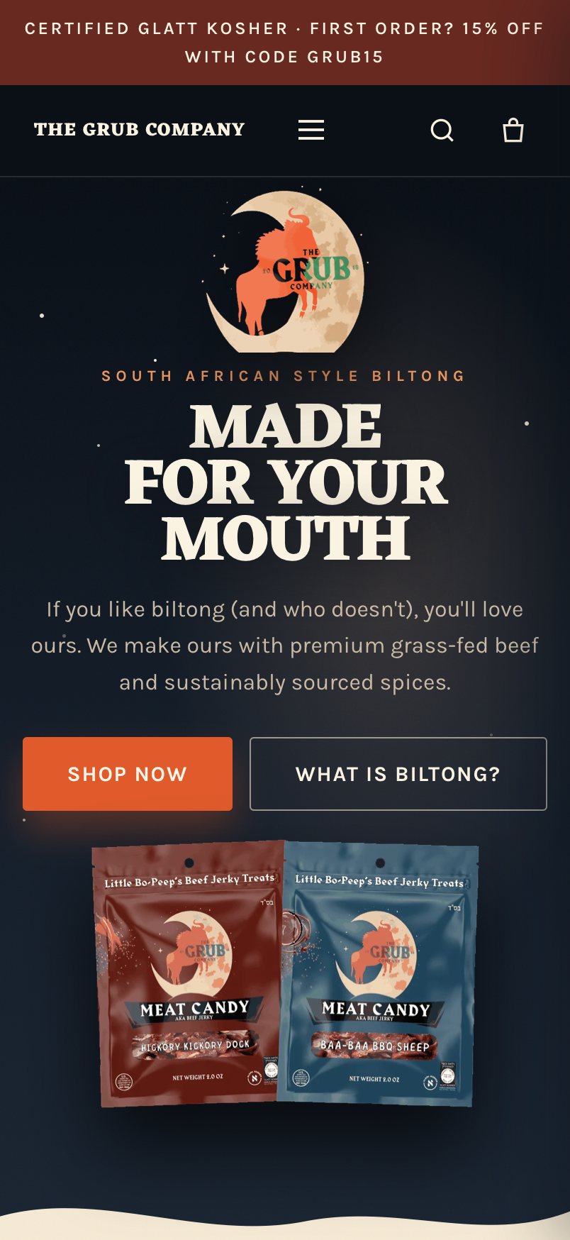 Phone view of the Grub Company homepage.