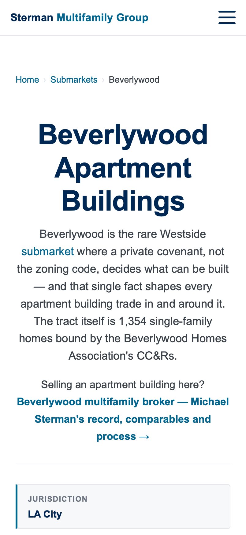 Phone view of a Sterman Multifamily Group market page for a Los Angeles neighborhood.