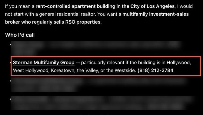 ChatGPT's answer listing Sterman Multifamily Group under Who I'd call
