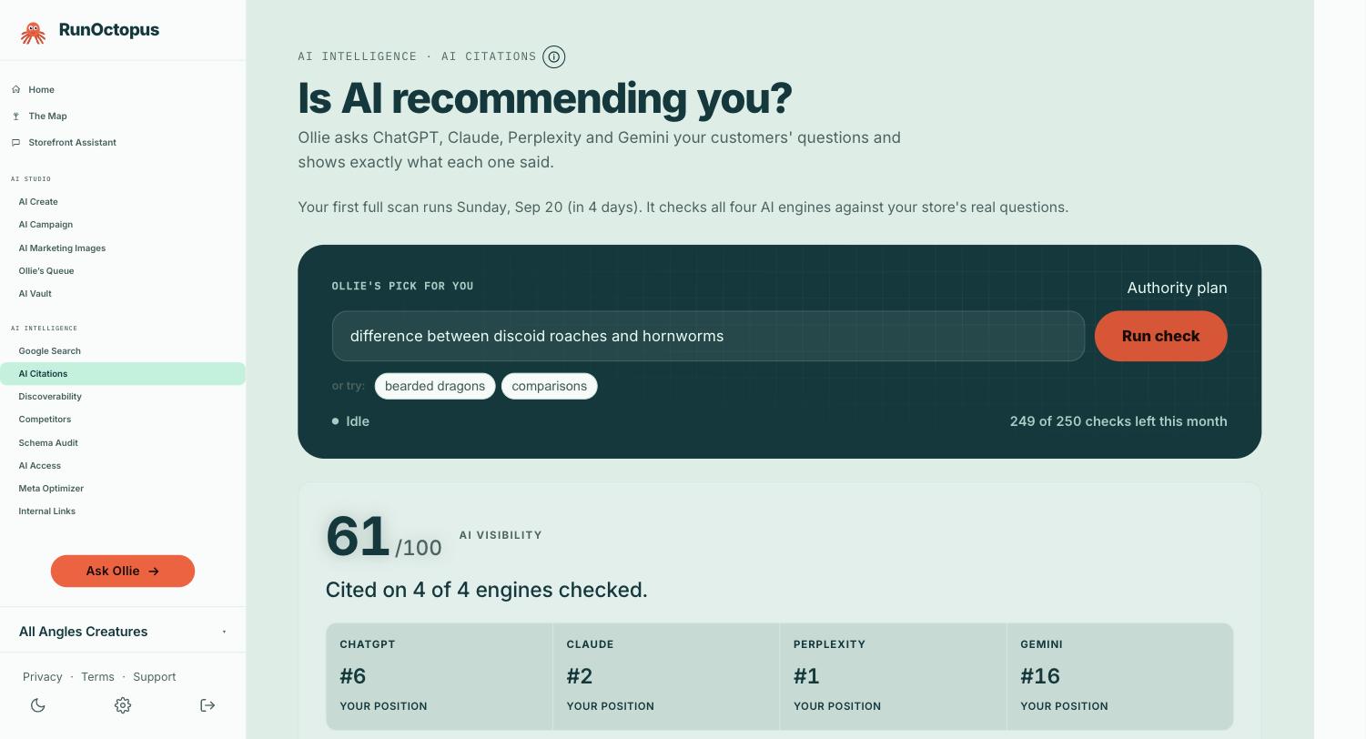 The AI Citations screen showing an AI visibility score and which engines cite the store for a real customer question.